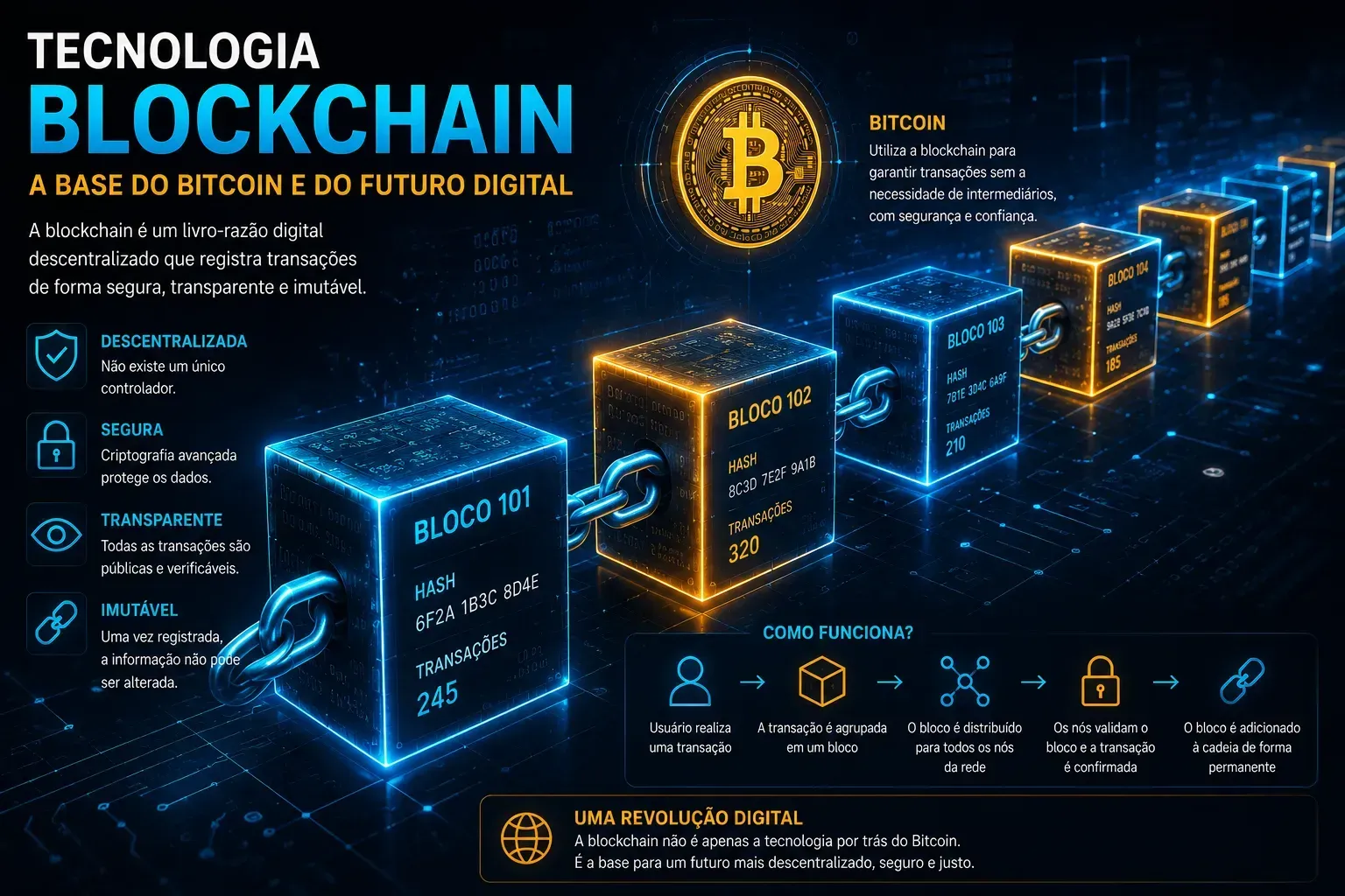 A blockchain é a tecnologia responsável pela segurança do Bitcoin. - Fonte: Imagem gerada por IA (DALL·E / ChatGPT)