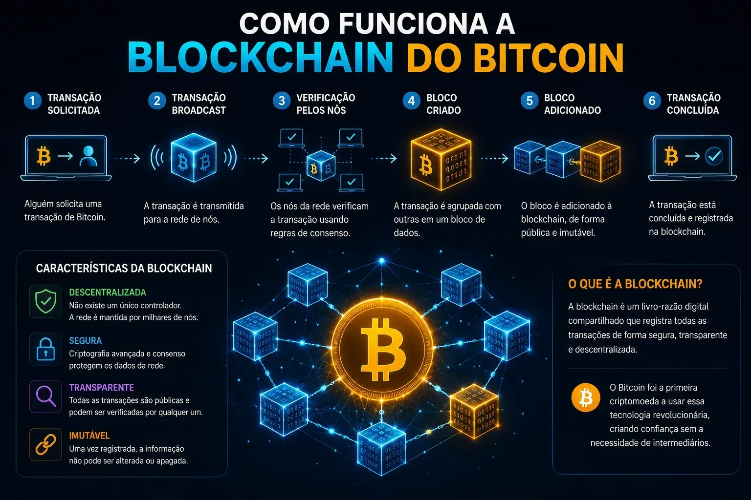 A blockchain registra todas as transações do Bitcoin de forma segura e descentralizada. - Fonte: Imagem gerada por IA (DALL·E / ChatGPT)