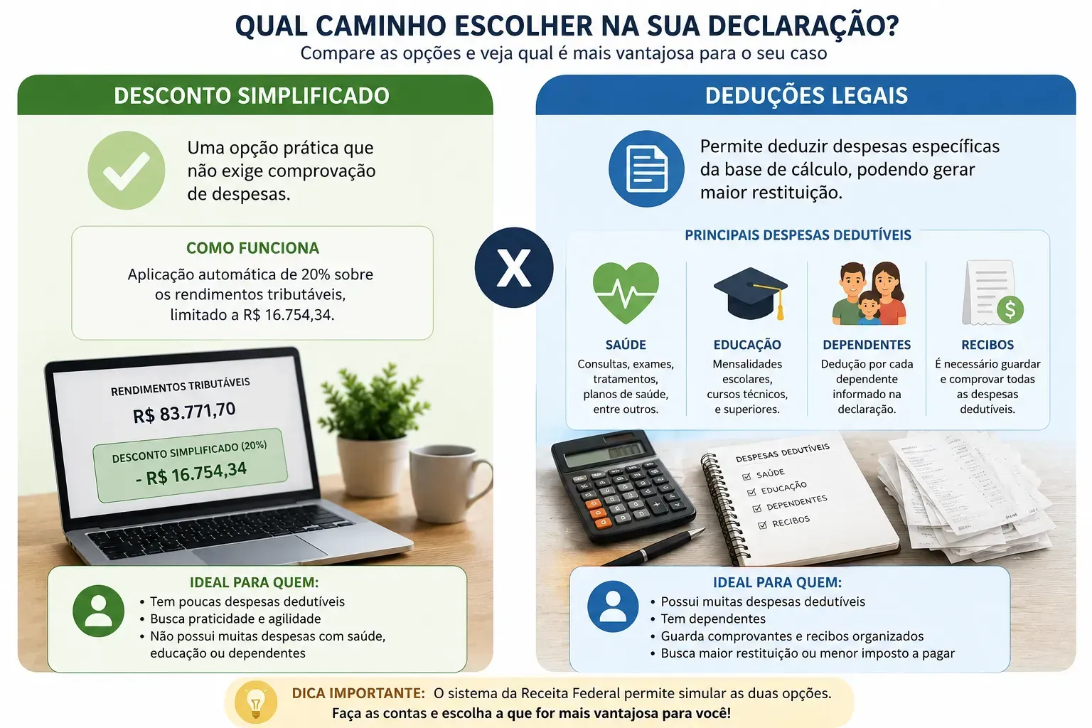 A melhor escolha depende do tamanho das suas deduções comprovadas. - Fonte: Imagem gerada por IA (DALL·E / ChatGPT)