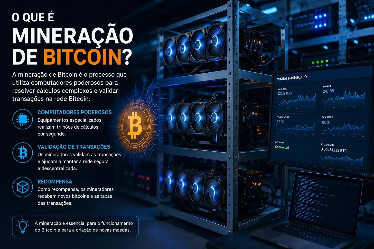 A mineração é responsável por validar transações e proteger a rede Bitcoin. - Fonte: Imagem gerada por IA (DALL·E / ChatGPT)