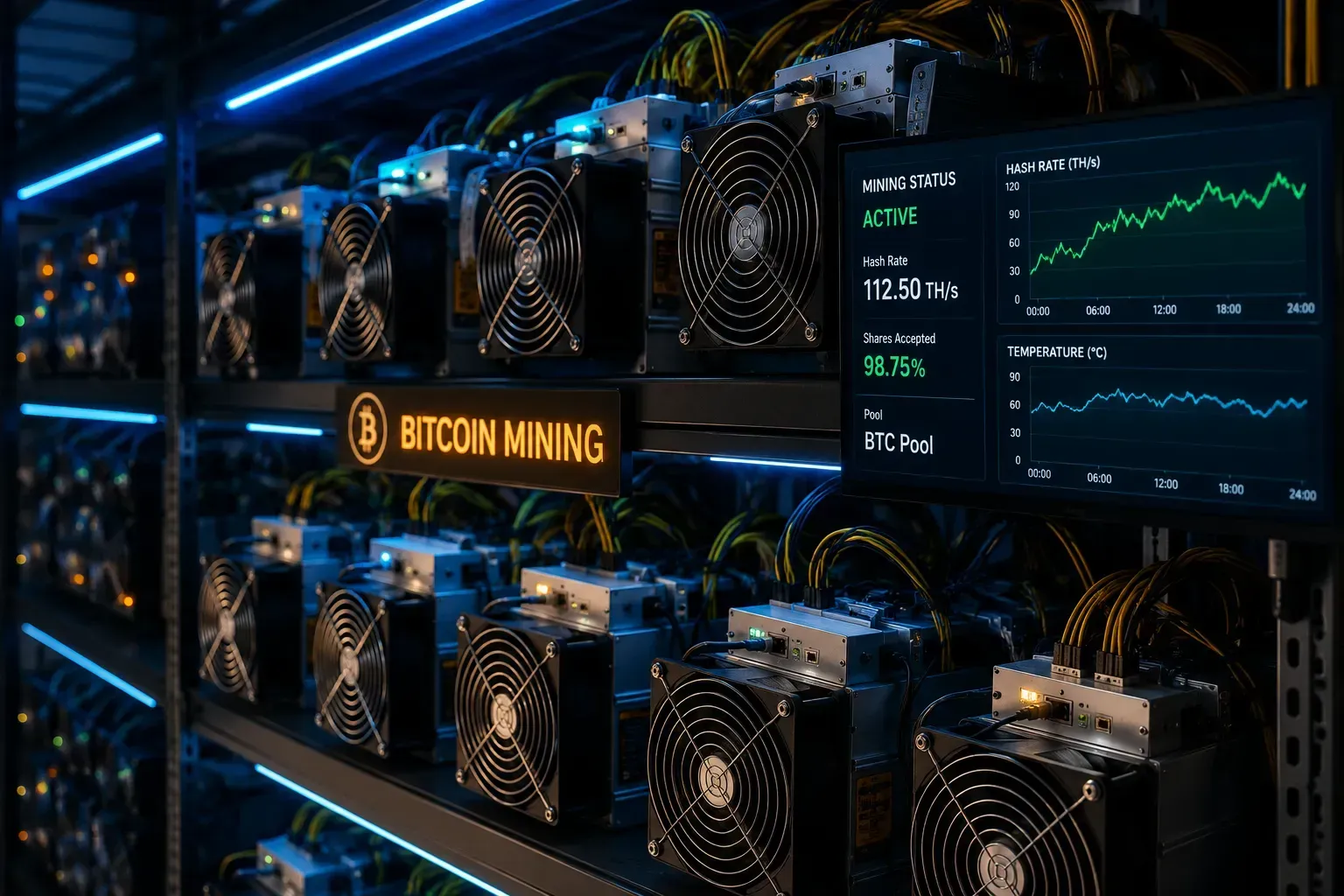 A mineração profissional exige estrutura e alto consumo de energia. - Fonte: Imagem gerada por IA (DALL·E / ChatGPT)