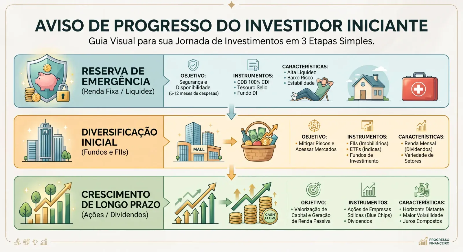 A progressão correta de leitura reflete os níveis de risco que você deve assumir na sua carteira real.