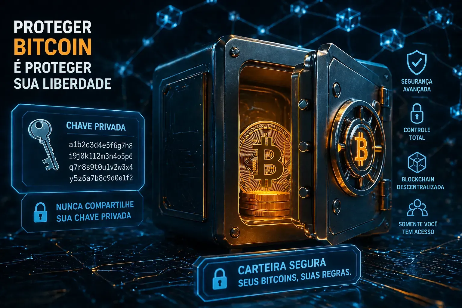 A proteção das chaves privadas é o ponto central da segurança no Bitcoin. - Fonte: Imagem gerada por IA (DALL·E / ChatGPT)