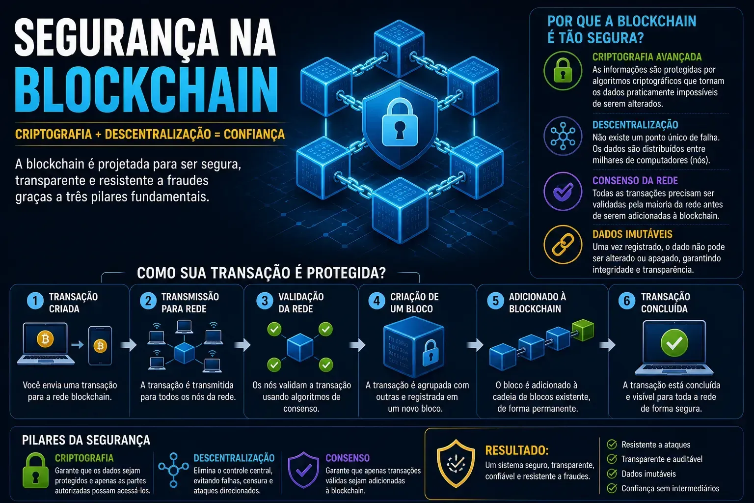 A segurança da blockchain vem da descentralização e criptografia. - Fonte: Imagem gerada por IA (DALL·E / ChatGPT)