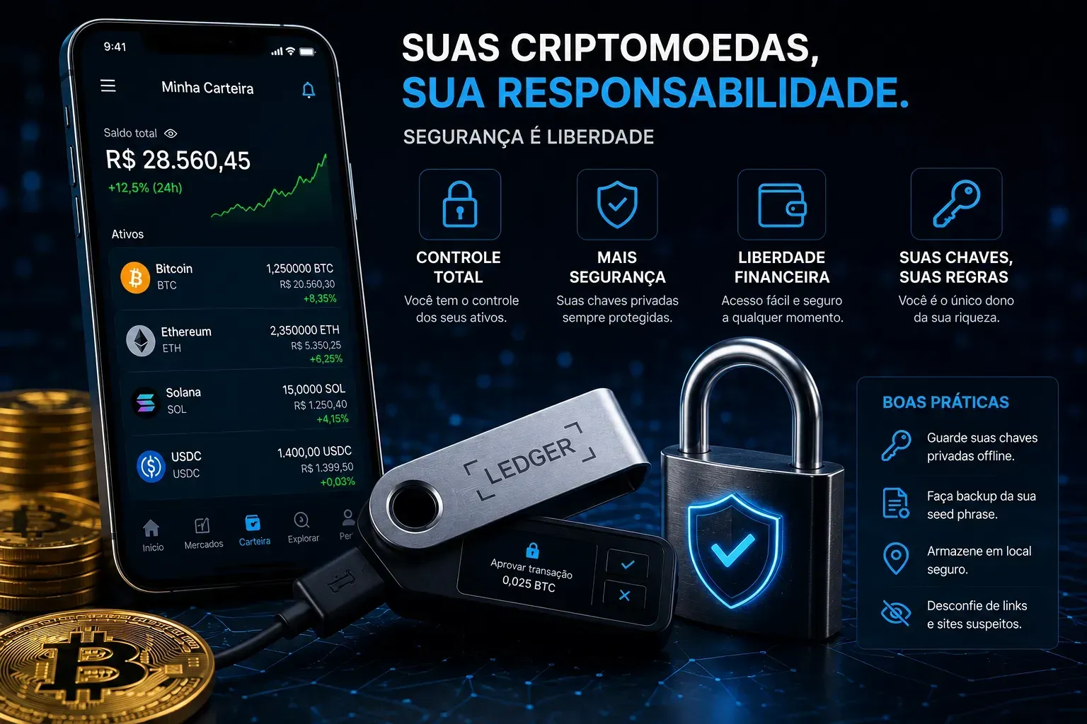 A segurança dos Bitcoins depende diretamente da proteção das carteiras digitais. - Fonte: Imagem gerada por IA (DALL·E / ChatGPT)