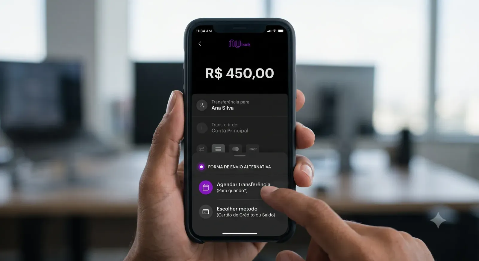 Acessando as opções secundárias no fluxo de como fazer ted nubank diretamente pelo celular.