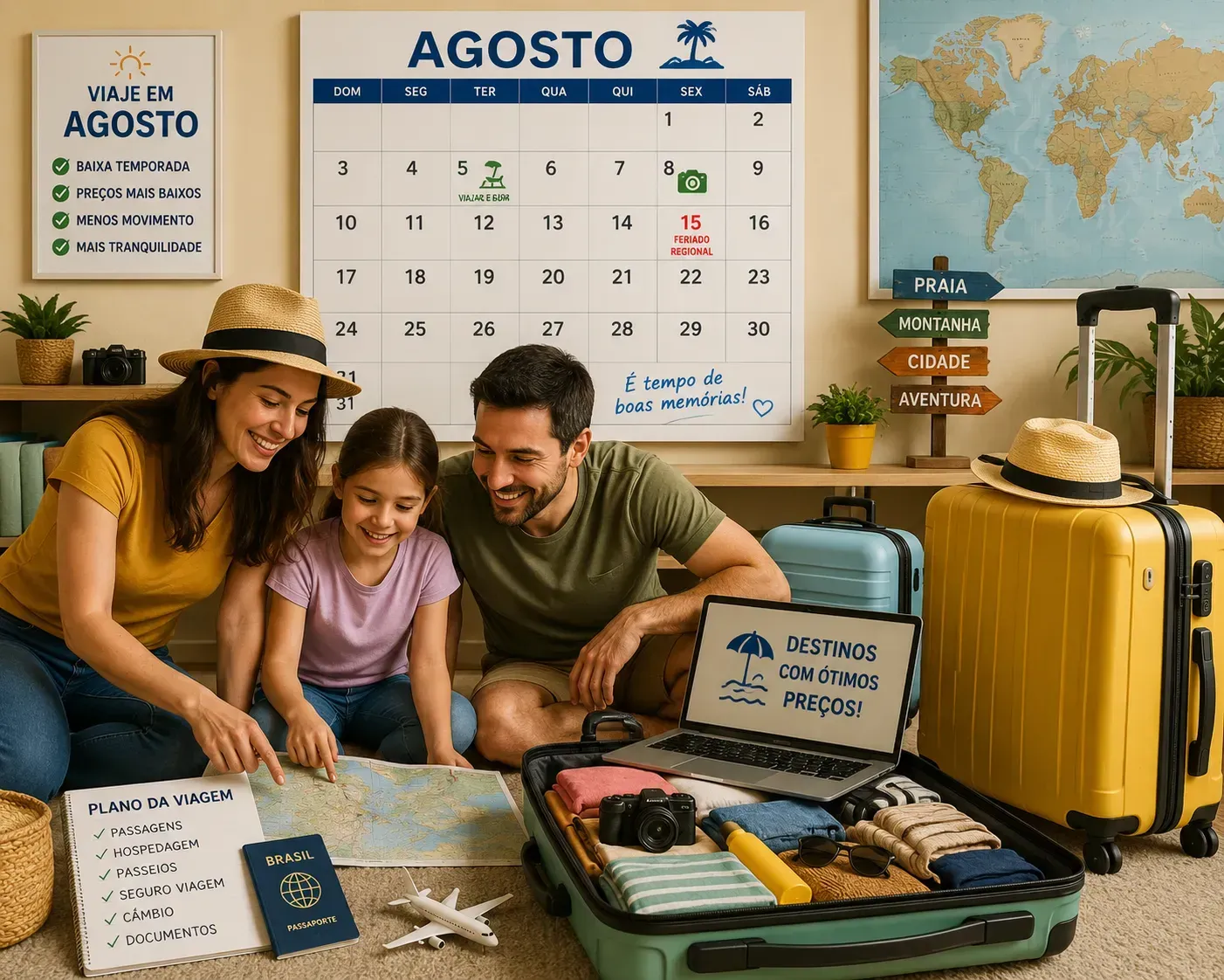Agosto costuma oferecer preços mais baixos para viagens e hospedagens. - Fonte: Imagem gerada por IA (DALL·E / ChatGPT)