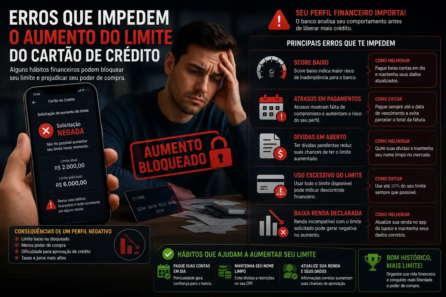 Alguns comportamentos podem reduzir drasticamente suas chances de conseguir mais limite. - Fonte: Imagem gerada por IA (DALL·E / ChatGPT)