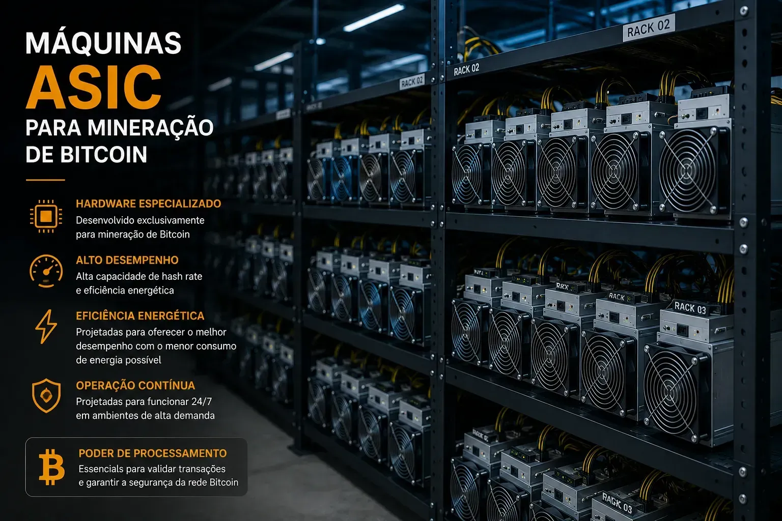 ASICs são os equipamentos mais usados na mineração profissional de Bitcoin. - Fonte: Imagem gerada por IA (DALL·E / ChatGPT)