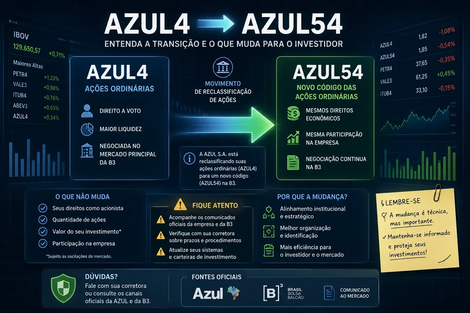 AZUL4 passou a AZUL54 em uma mudança ligada à reorganização financeira da Azul. - Fonte: Imagem gerada por IA (DALL·E / ChatGPT)