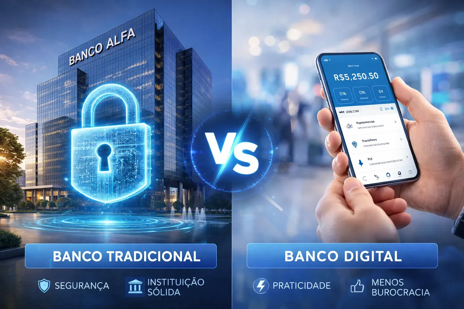 Banco Alfa de Investimento comparado a bancos digitais - Fonte: Imagem gerada por IA (DALL·E / ChatGPT)