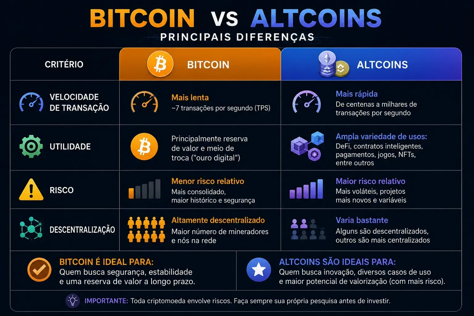 Bitcoin e altcoins possuem objetivos e características diferentes dentro do mercado cripto. - Fonte: Imagem gerada por IA (DALL·E / ChatGPT)