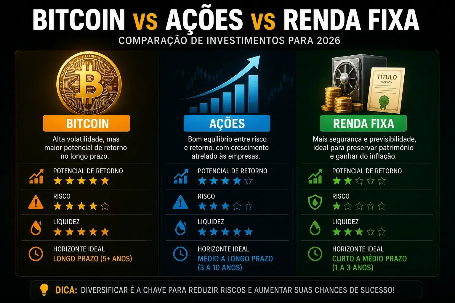 Bitcoin possui maior potencial, mas também maior risco. - Fonte: Imagem gerada por IA (DALL·E / ChatGPT)