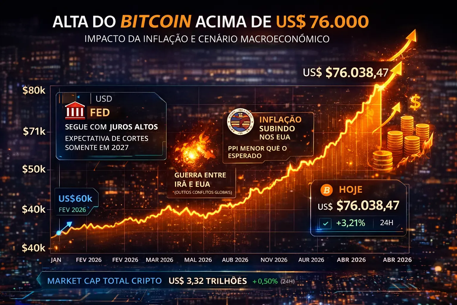 Bitcoin supera US$ 76.000 impulsionado por dados de inflação e cenário macroeconômico global. - Fonte: Imagem gerada por IA (DALL·E / ChatGPT)