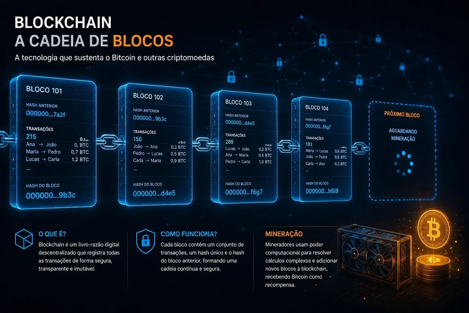 Cada bloco minerado é adicionado permanentemente à blockchain. - Fonte: Imagem gerada por IA (DALL·E / ChatGPT)