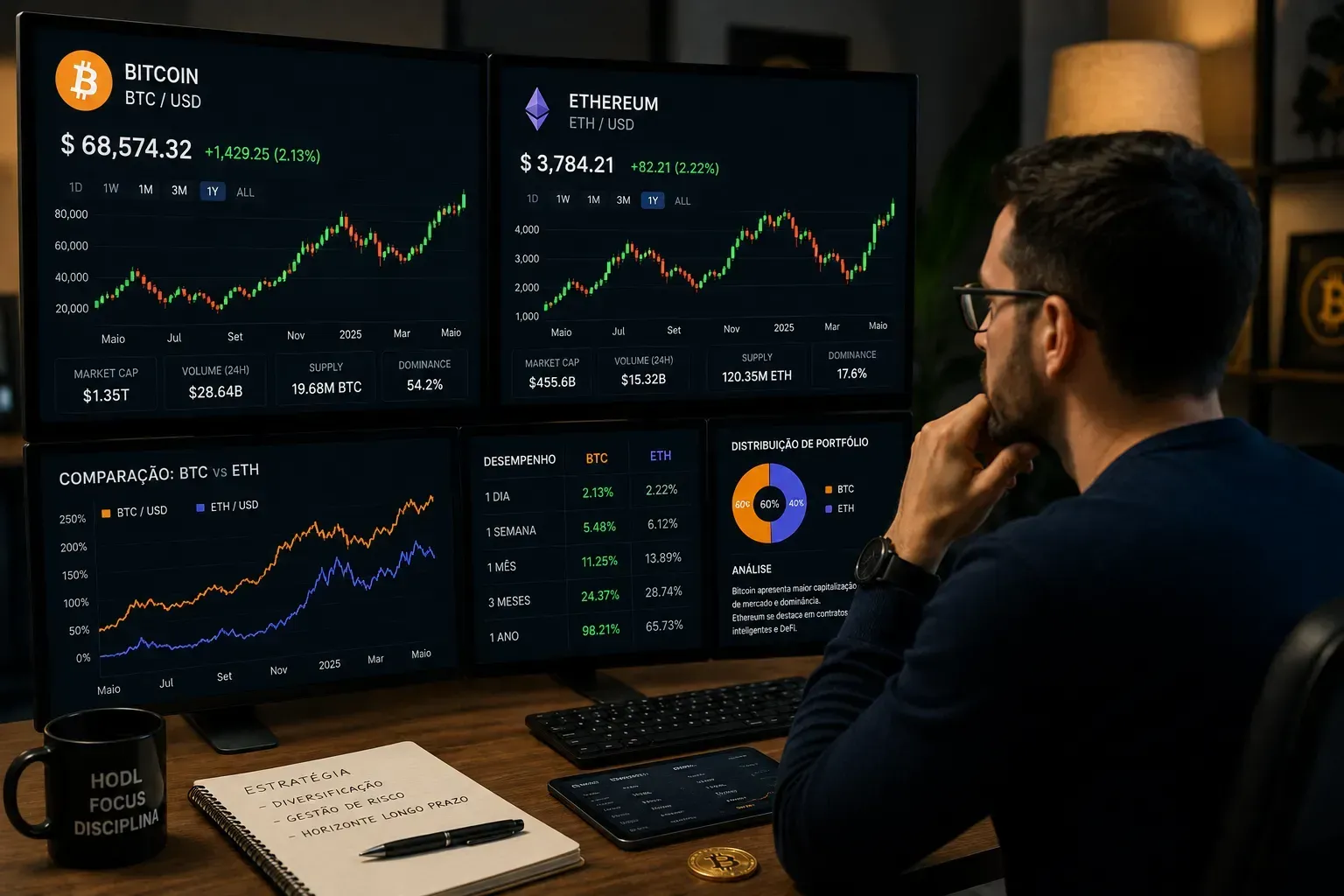 Cada criptomoeda possui objetivos e riscos diferentes. - Fonte: Imagem gerada por IA (DALL·E / ChatGPT)