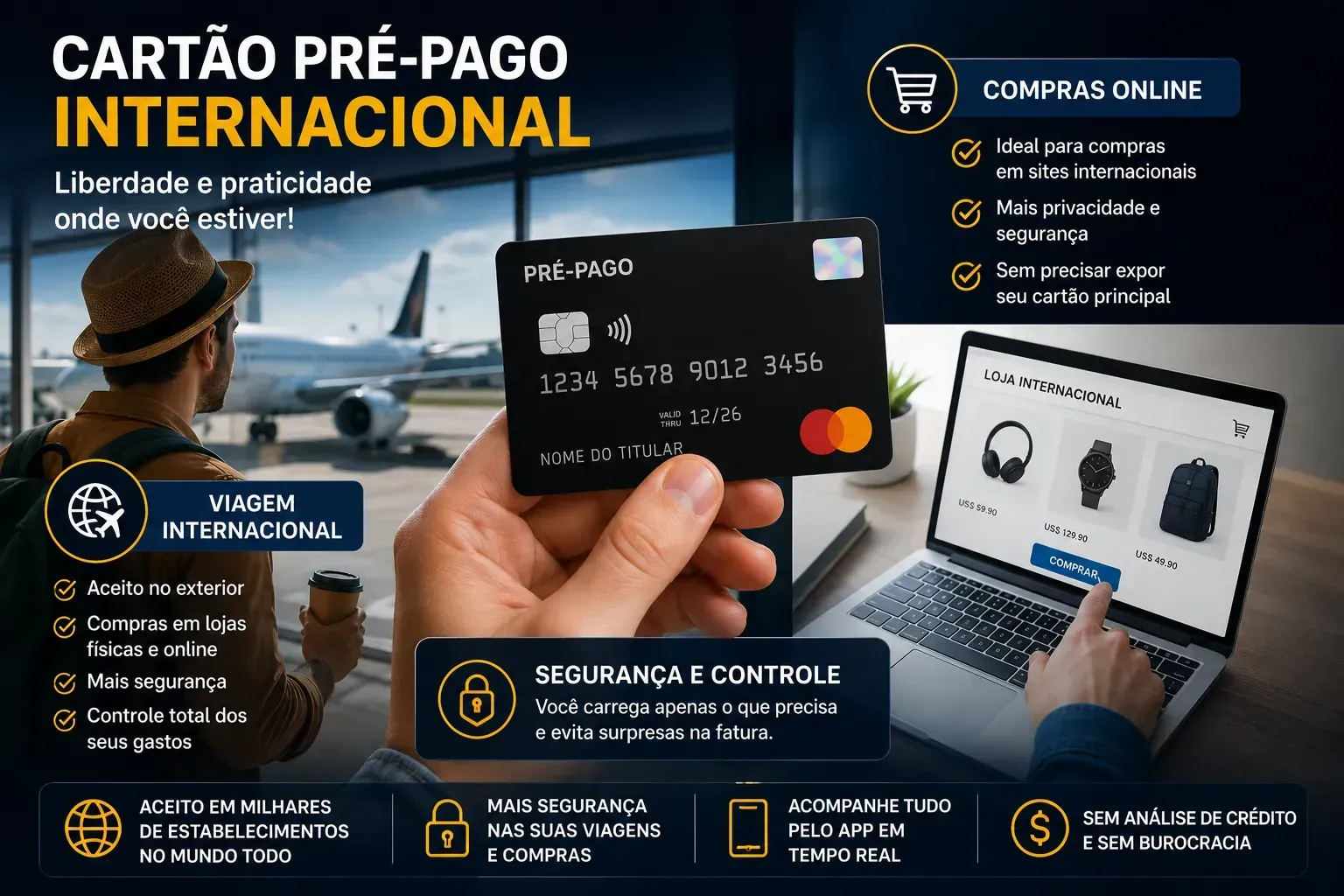 Cartões pré-pagos também são muito usados em viagens e compras internacionais. - Fonte: Imagem gerada por IA (DALL·E / ChatGPT)