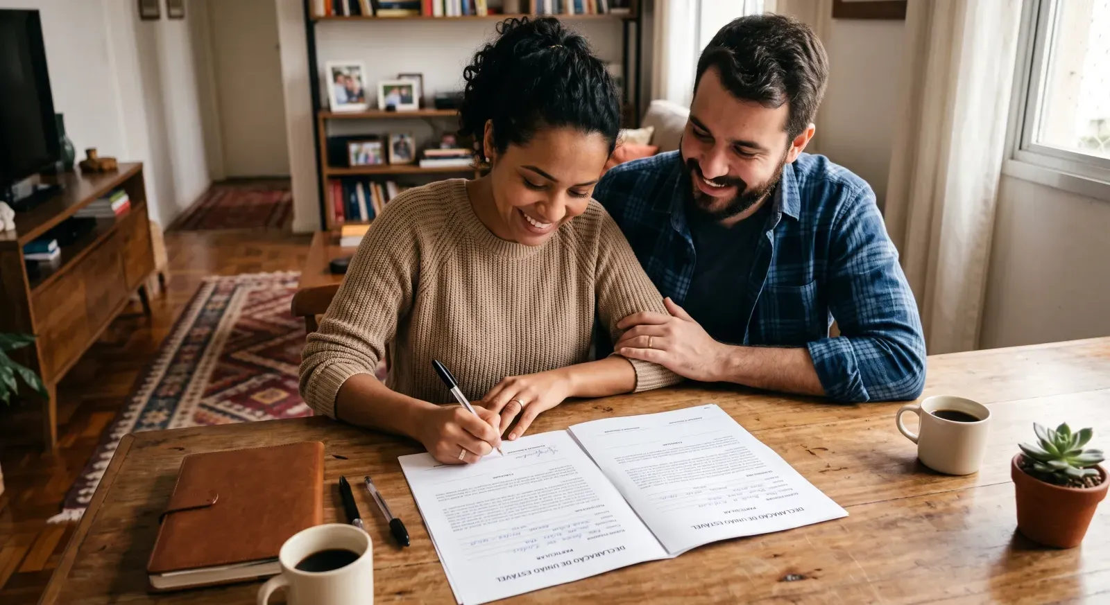 Casal assinando a declaração de união estável particular para formalizar a relação sem custos excessivos.