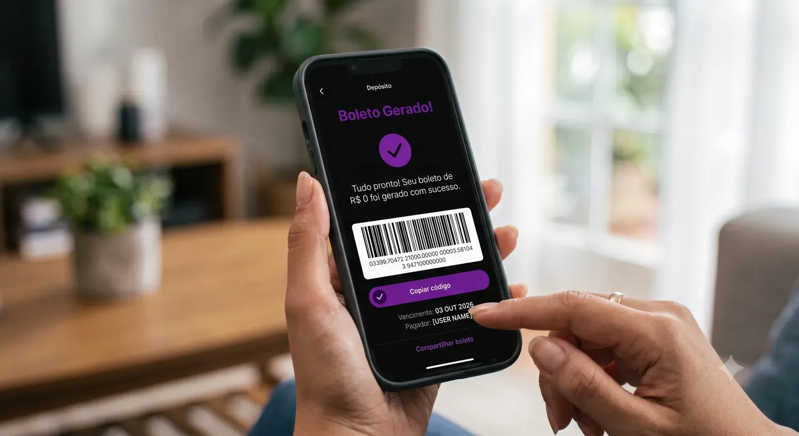 Código de barras gerado com sucesso na finalização do guia de como gerar boleto nubank.