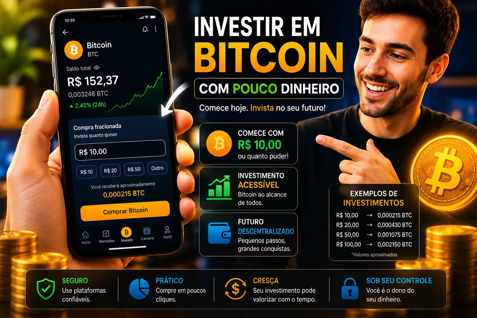 Como Investir Pouco Dinheiro em Bitcoin - Fonte: Imagem gerada por IA (DALL·E / ChatGPT)