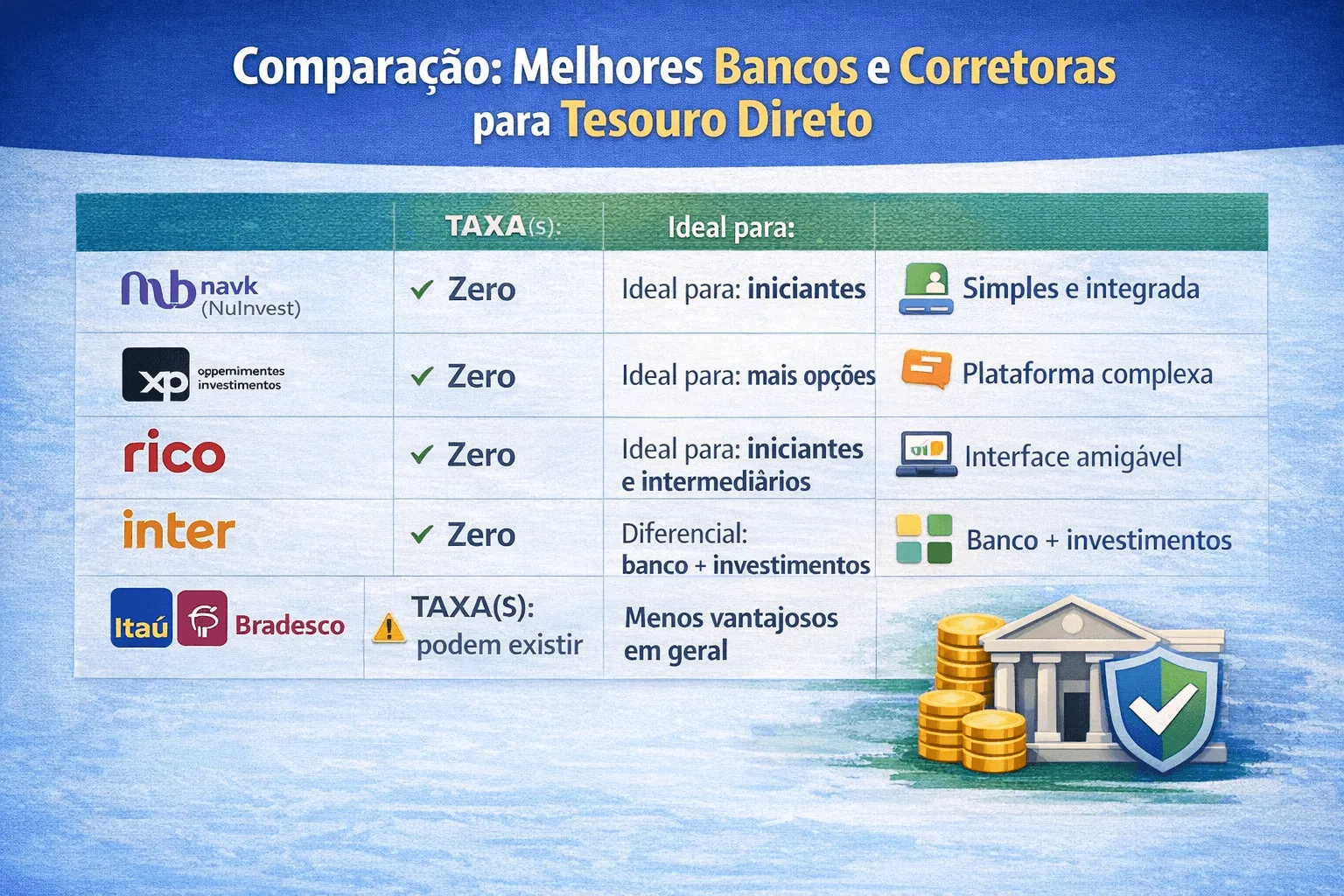 Comparação entre bancos e corretoras para investir no Tesouro Direto, destacando taxas, vantagens e melhores opções para iniciantes. - Fonte: Imagem gerada por IA (DALL·E / ChatGPT)