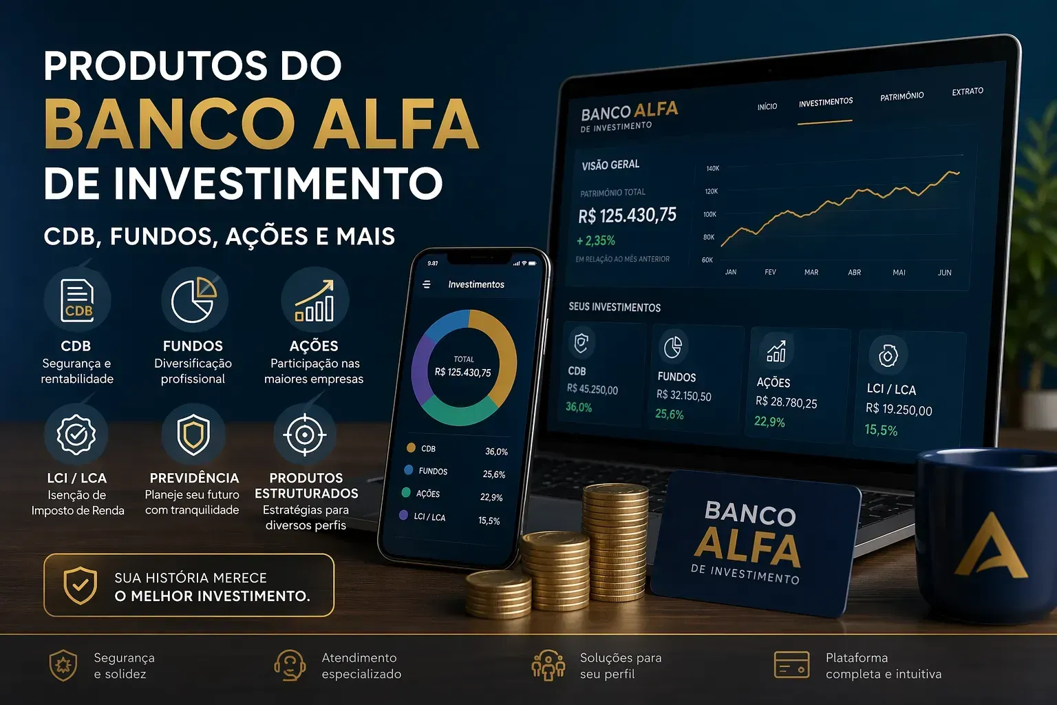 Conheça os principais produtos do Banco Alfa e descubra qual combina com seu perfil. - Fonte: Imagem gerada por IA (DALL·E / ChatGPT)