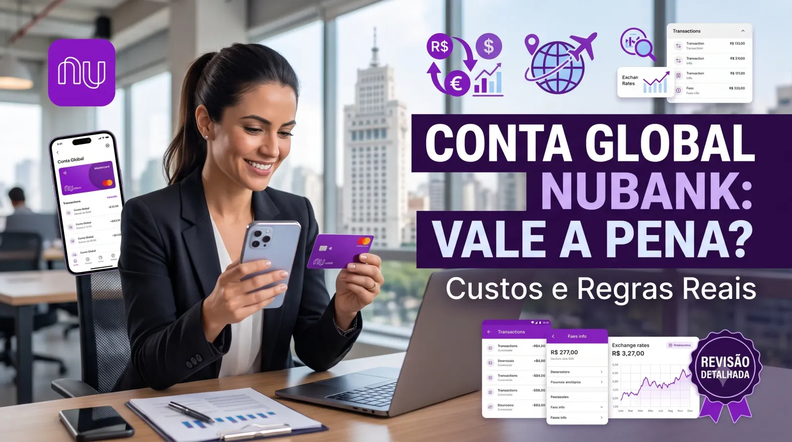 Ilustração do guia sobre Conta Global Nubank: Vale a Pena? Custos e Regras Reais