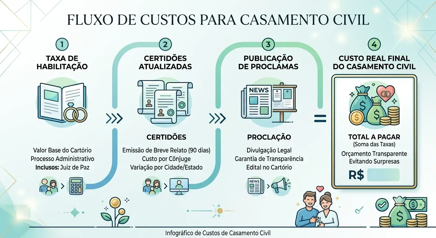 Detalhamento dos custos diretos e indiretos que compõem o valor real para casar no civil.
