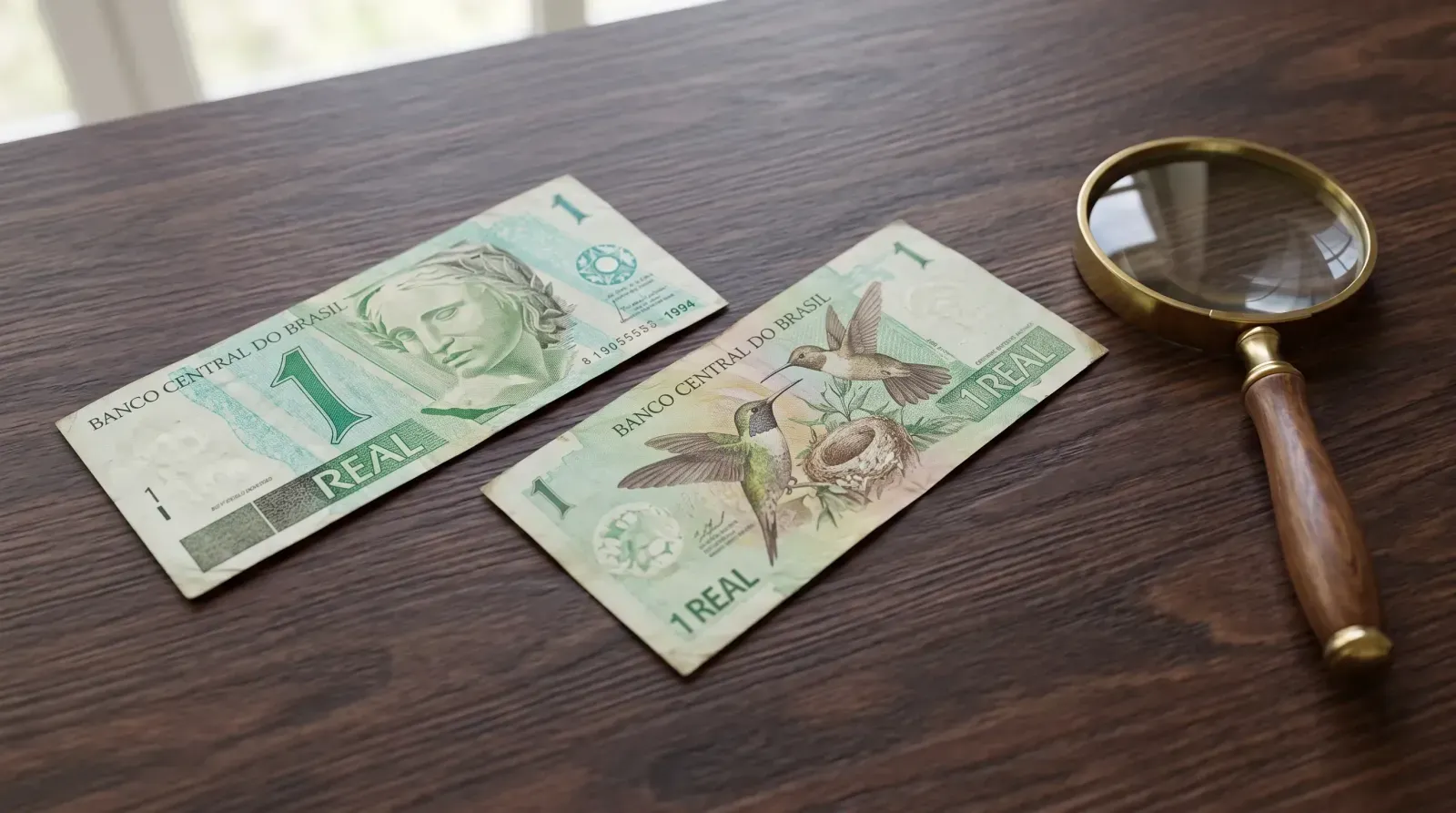 Detalhes de impressão e estado de conservação de uma cedula de 1 real preservada para coleção numismática.