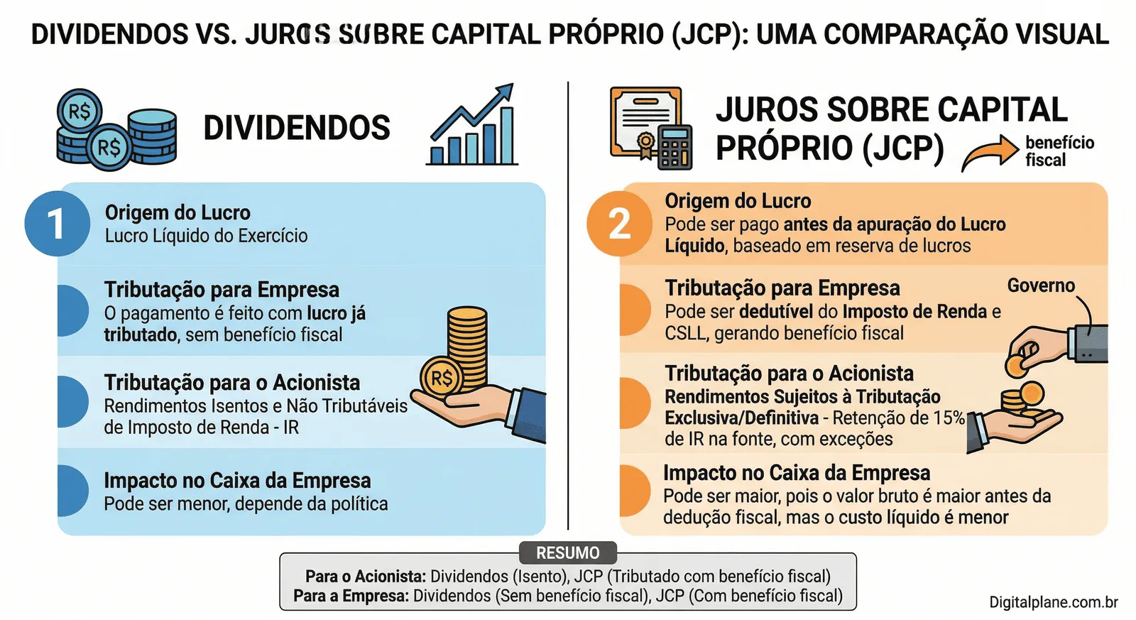 Diferença entre dividendos e juros sobre capital próprio na Sanepar para investidores brasileiros - Fonte: Imagem gerada por IA / Gemini