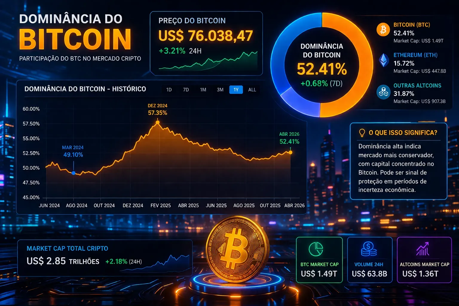 Dominância do Bitcoin em destaque com o BTC acima de US$ 76.000, refletindo o fluxo de capital no mercado cripto em 2026. Fonte: Imagem gerada por IA (DALL·E / ChatGPT)