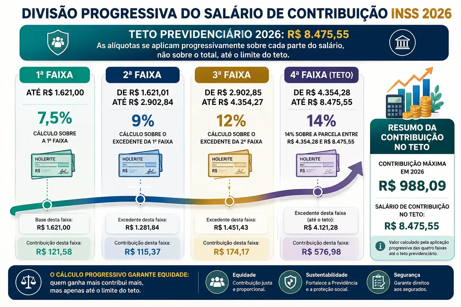 Esquema simplificado demonstrando como o salário de contribuição é fatiado na tabela inss 2026 com dedução para evitar a tributação direta sobre o valor bruto total.
