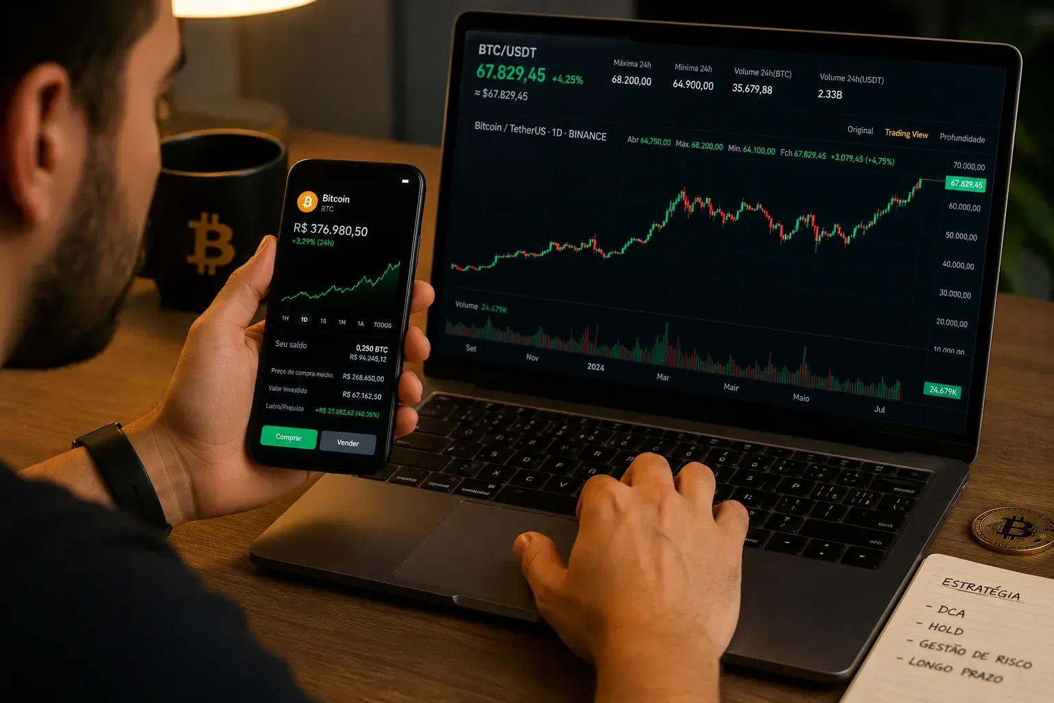 Estratégia e controle emocional fazem diferença no mercado cripto. - Fonte: Imagem gerada por IA (DALL·E / ChatGPT)