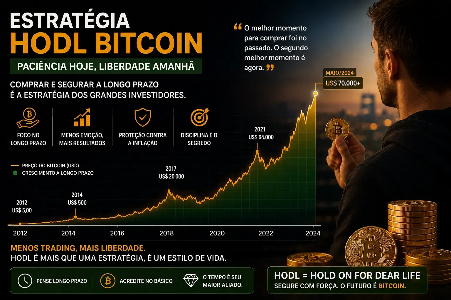 Estratégias de longo prazo são populares entre investidores de Bitcoin. - Fonte: Imagem gerada por IA (DALL·E / ChatGPT)