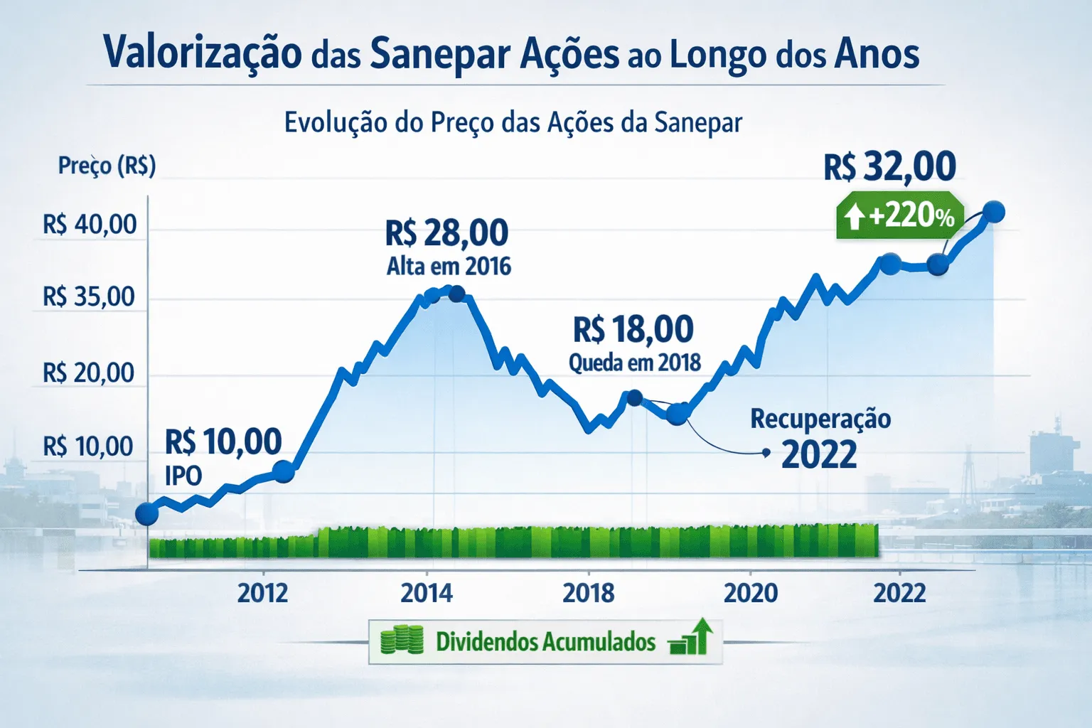 Evolução do preço das ações (últimos 10 anos) - Fonte: Imagem gerada por IA (DALL·E / ChatGPT)