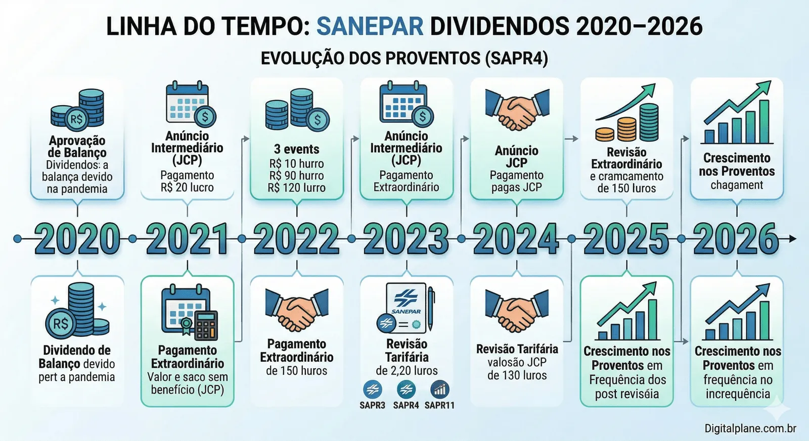 Evolução dos dividendos pagos pela Sanepar entre 2020 e 2026 com crescimento gradual por ação - Fonte: Imagem gerada por IA / Gemini
