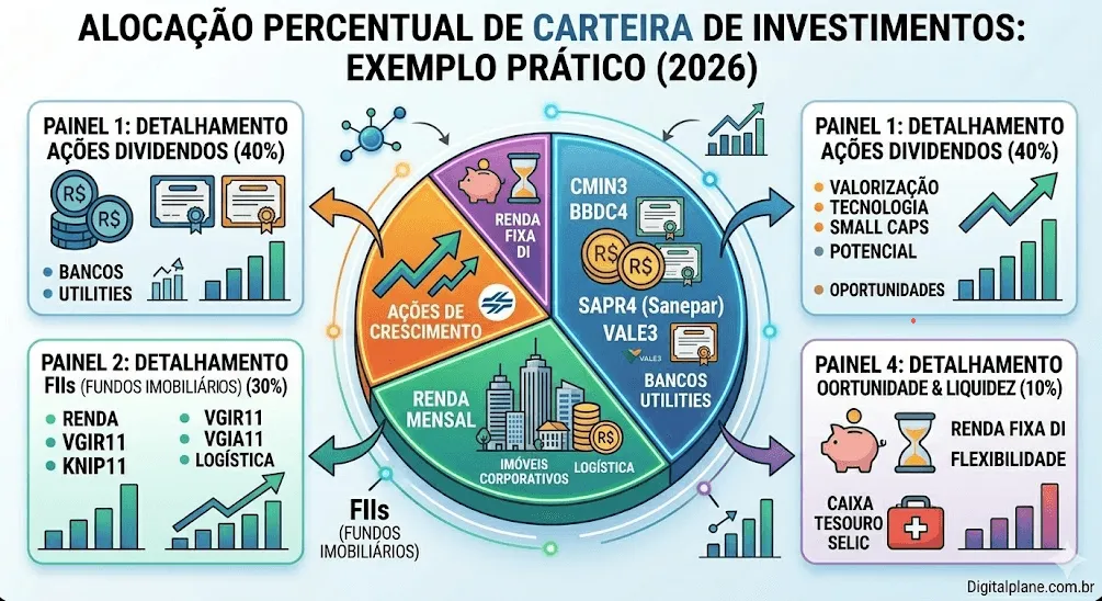 gráfico de alocação de carteira de investimentos com ações e fundos imobiliários - Fonte: Imagem gerada por IA / Gemini
