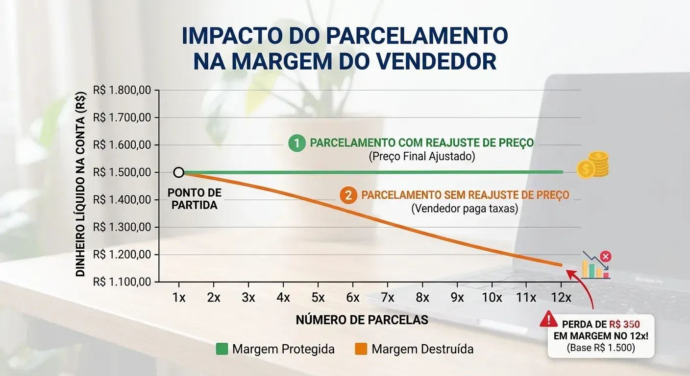 Gráfico demonstrativo do impacto do parcelamento de longo prazo no saldo final recebido pelo lojista.