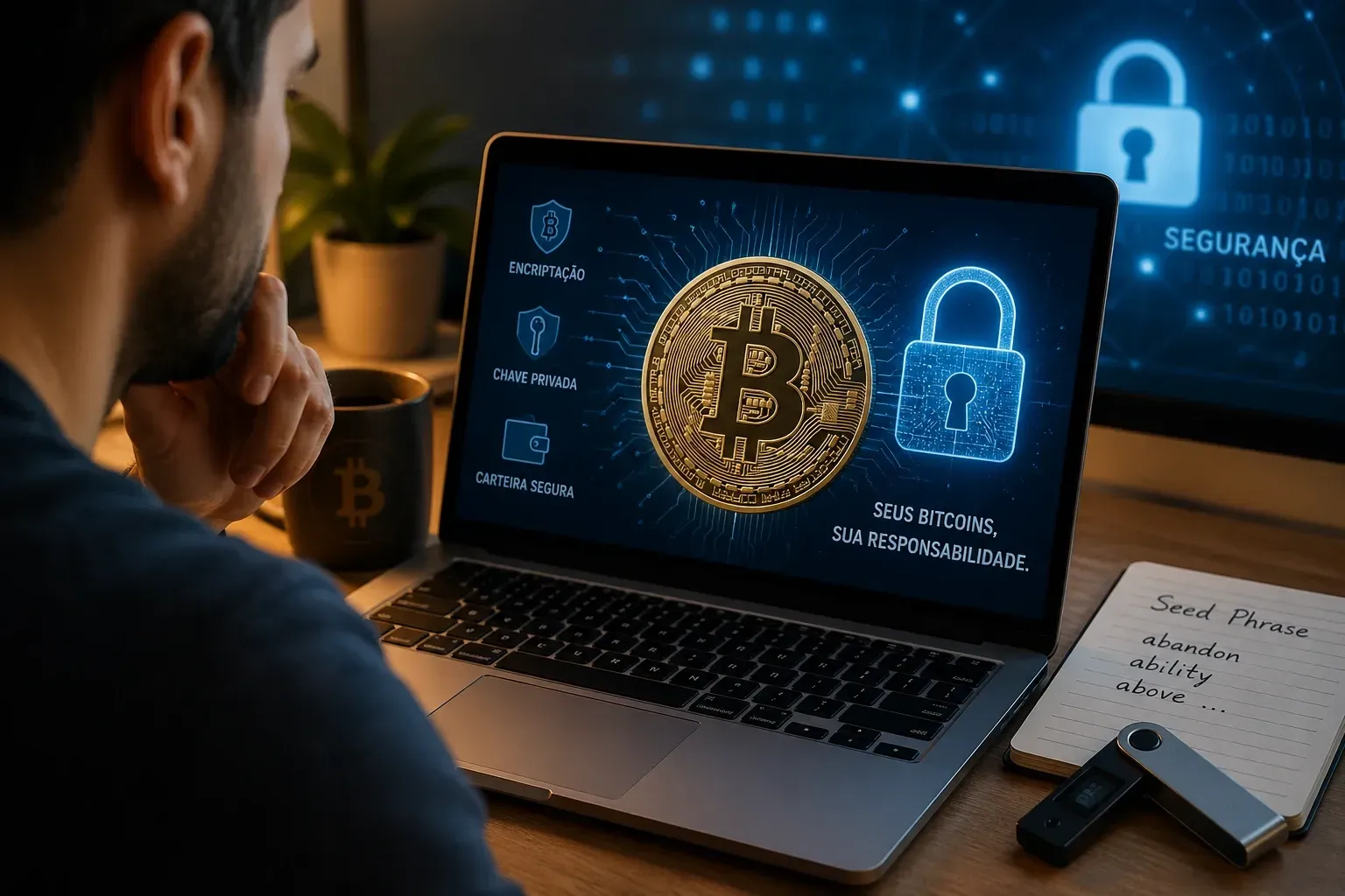 Guardar Bitcoin com segurança é tão importante quanto saber comprar a criptomoeda. - Fonte: Imagem gerada por IA (DALL·E / ChatGPT)