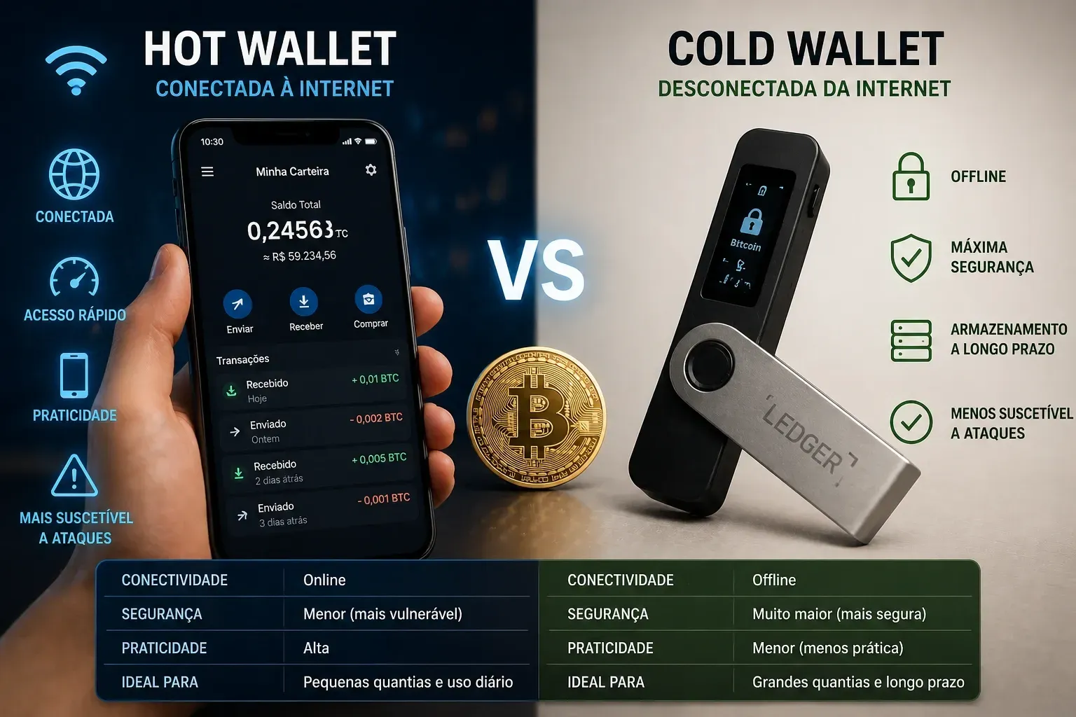 Hot wallets são mais práticas, enquanto cold wallets oferecem mais segurança para longo prazo. - Fonte: Imagem gerada por IA (DALL·E / ChatGPT)