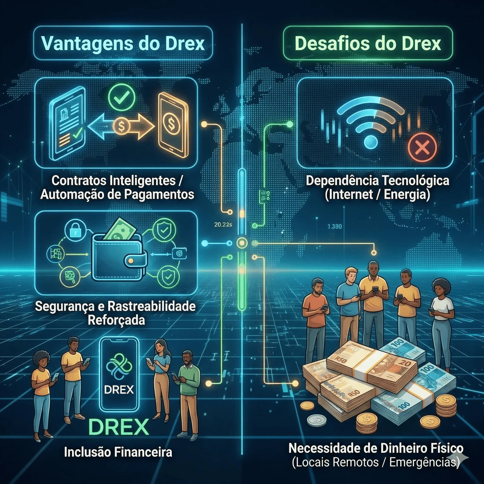 Ilustração mostrando a transição do dinheiro em espécie (cédulas e moedas) para o Drex digital, com elementos tecnológicos, celular e gráficos financeiros ao fundo. - Fonte: Imagem gerada por IA / Gemini