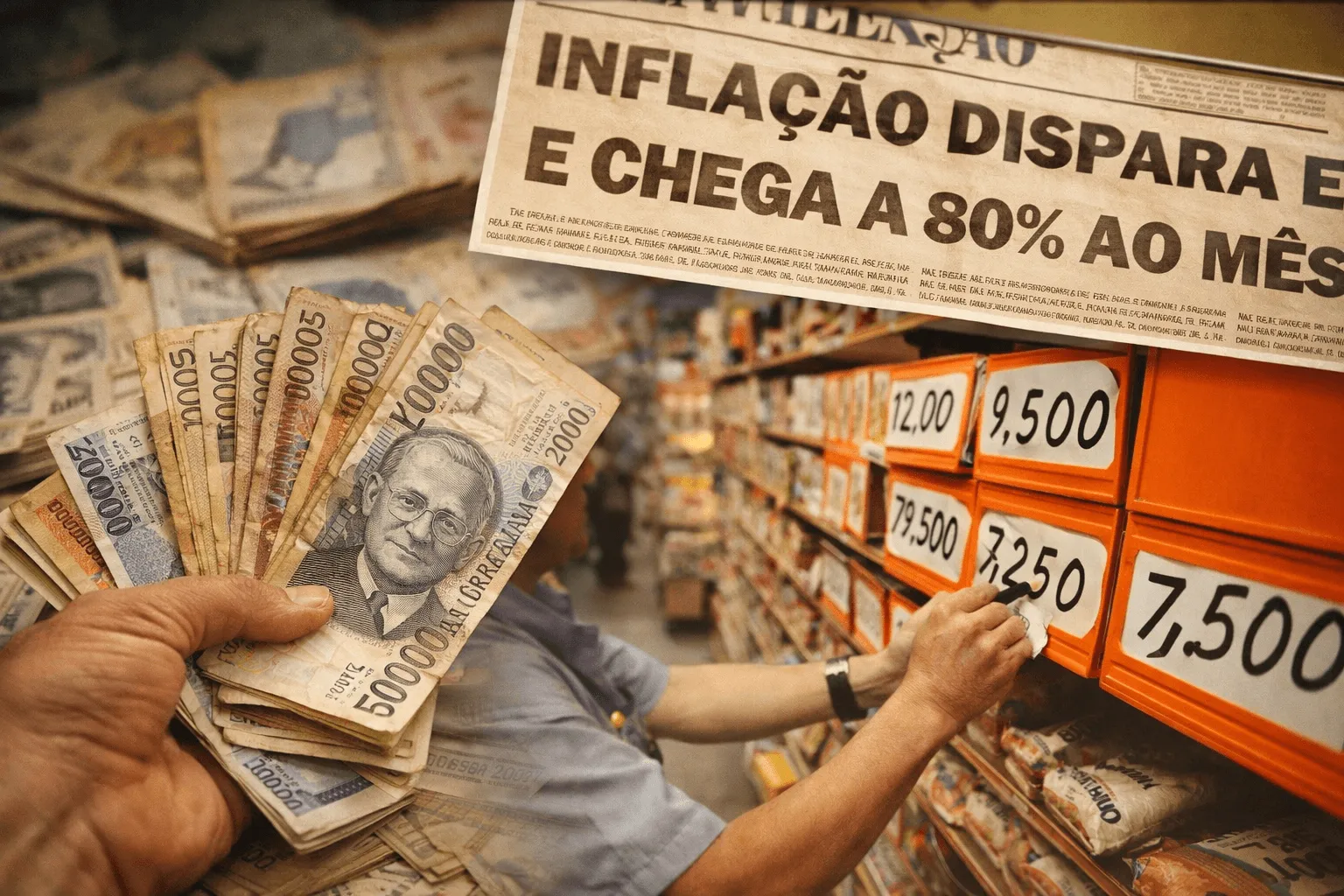 inflação no Brasil durante o cruzeiro moeda com dinheiro desvalorizado e remarcação de preços em supermercado - Fonte: Imagem gerada por IA (DALL·E / ChatGPT)