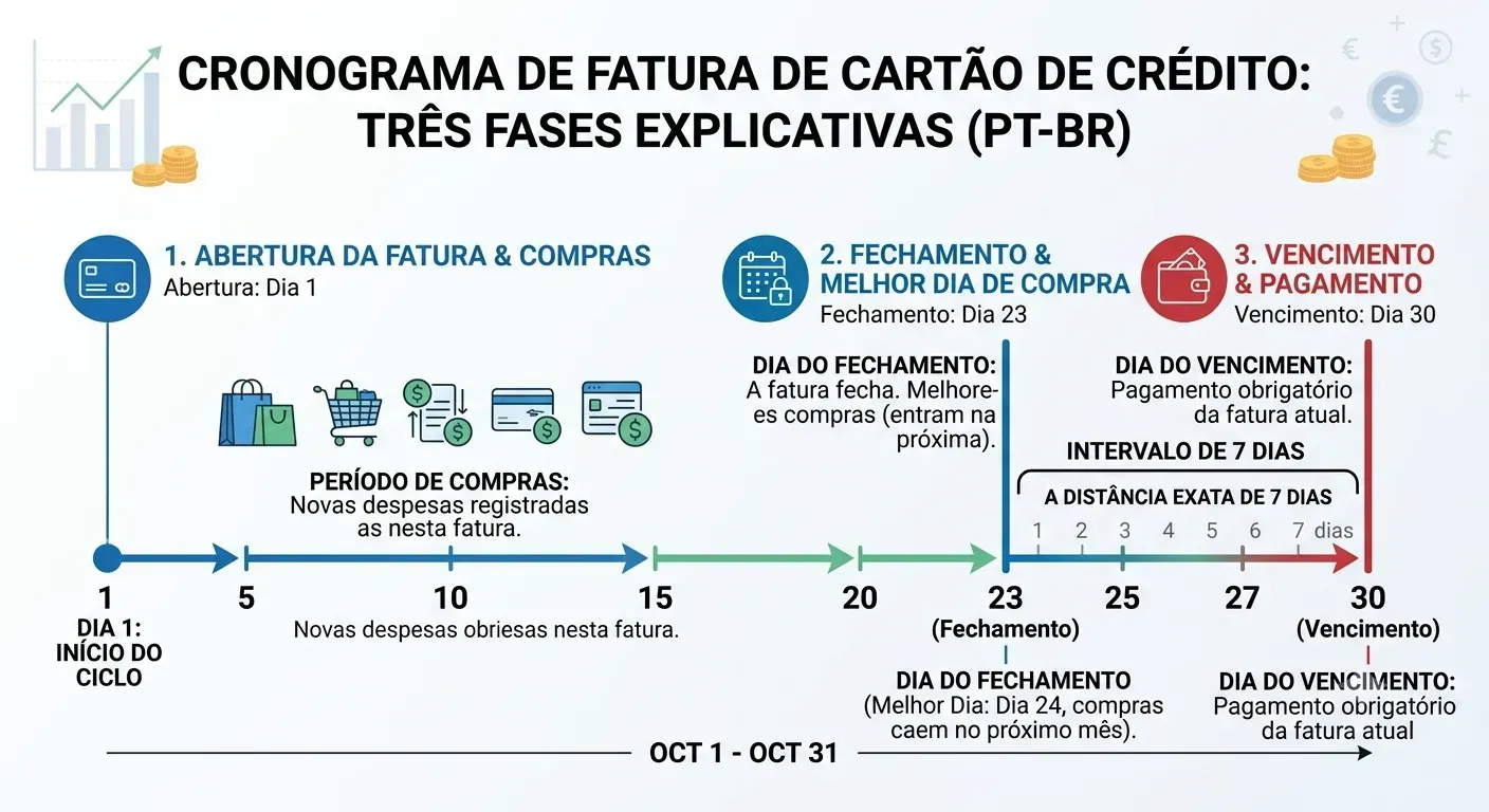Infográfico demonstrativo do intervalo de tempo entre o fechamento do ciclo e o vencimento do boleto.