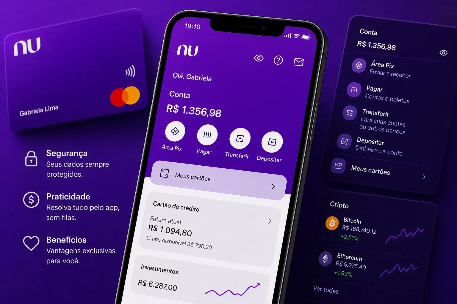 Interface do aplicativo Nubank mostrando área de investimentos e criptomoedas. - Fonte: Imagem gerada por IA (DALL·E / ChatGPT)