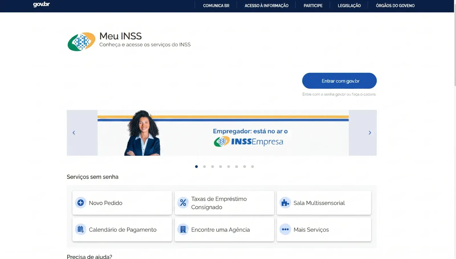 Interface principal do portal oficial Meu INSS, onde cidadãos e empregadores podem acessar serviços digitais, realizar login via conta gov.br e obter informações cruciais sobre benefícios e o extrato CNIS INSS.