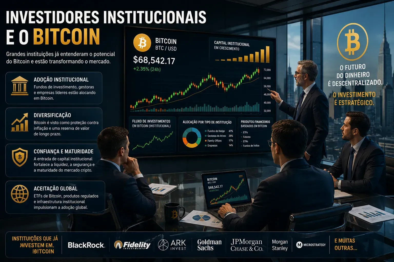 Investidores institucionais possuem forte impacto no preço do Bitcoin. - Fonte: Imagem gerada por IA (DALL·E / ChatGPT)