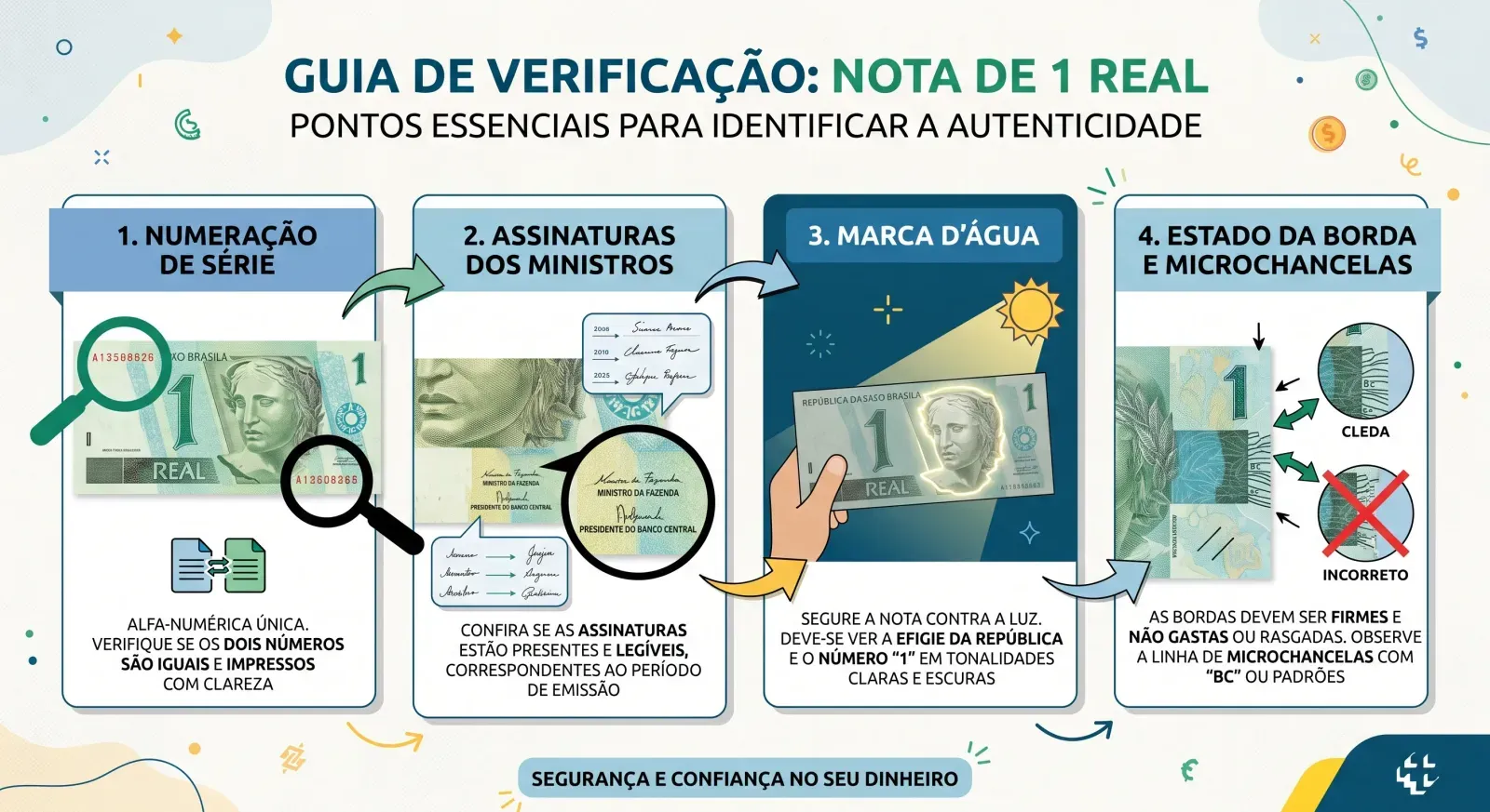 Locais de verificação obrigatória para checar a autenticidade e raridade da sua cedula de 1 real.