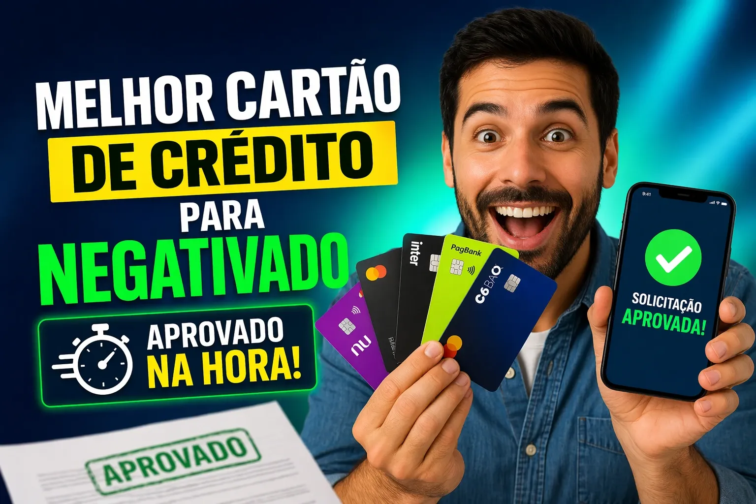 Pessoa segurando um cartão de crédito diante de um aviso de aprovação no celular
