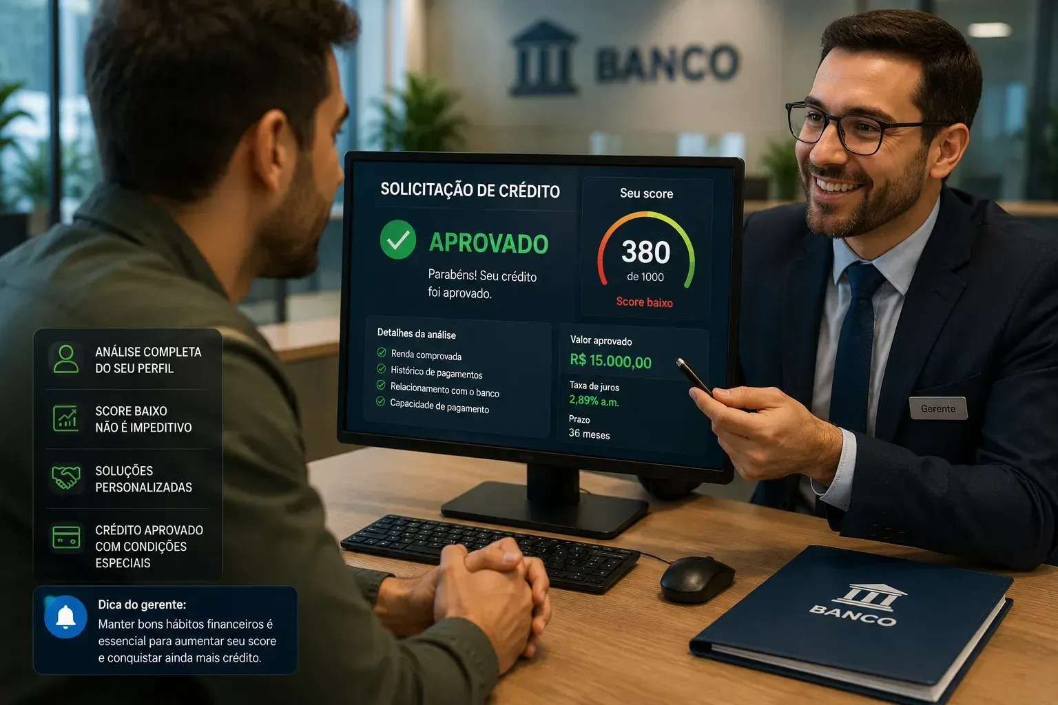 Mesmo com score baixo, alguns bancos realizam análise personalizada de crédito. - Fonte: Imagem gerada por IA (DALL·E / ChatGPT)