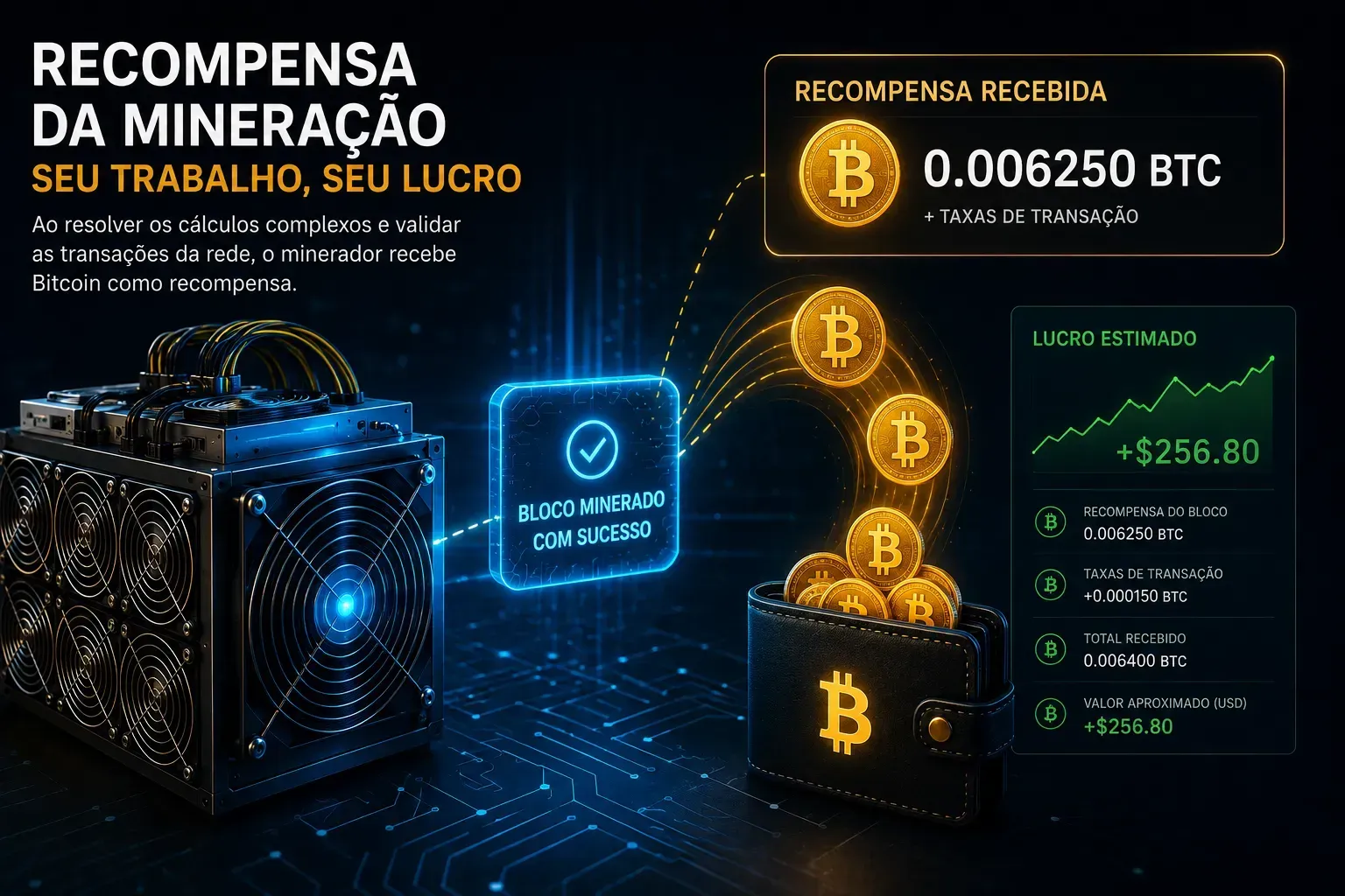 Mineradores recebem Bitcoins e taxas pelas validações da rede. - Fonte: Imagem gerada por IA (DALL·E / ChatGPT)
